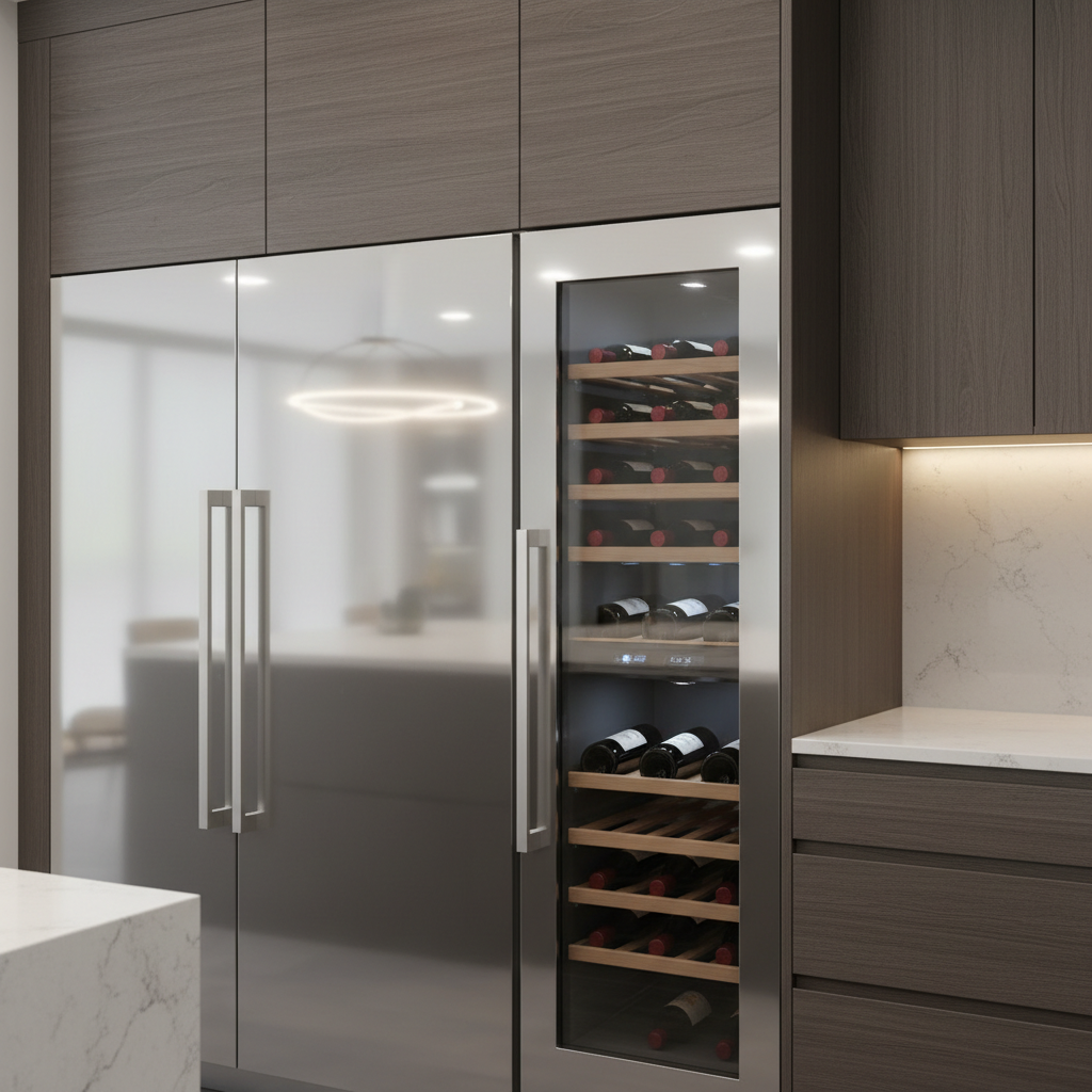 High-end kitchen with built-in refrigerator and wine cooler