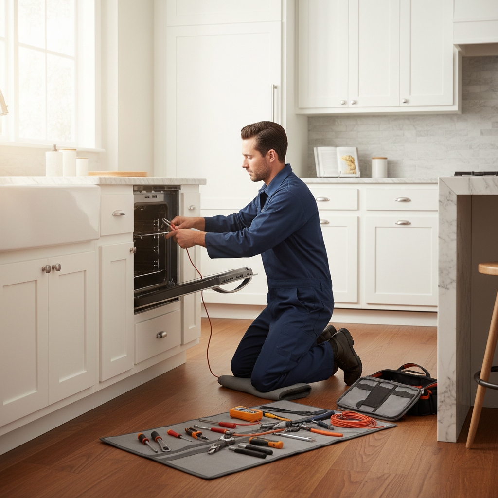 Technician repairing high-end appliance in kitchen